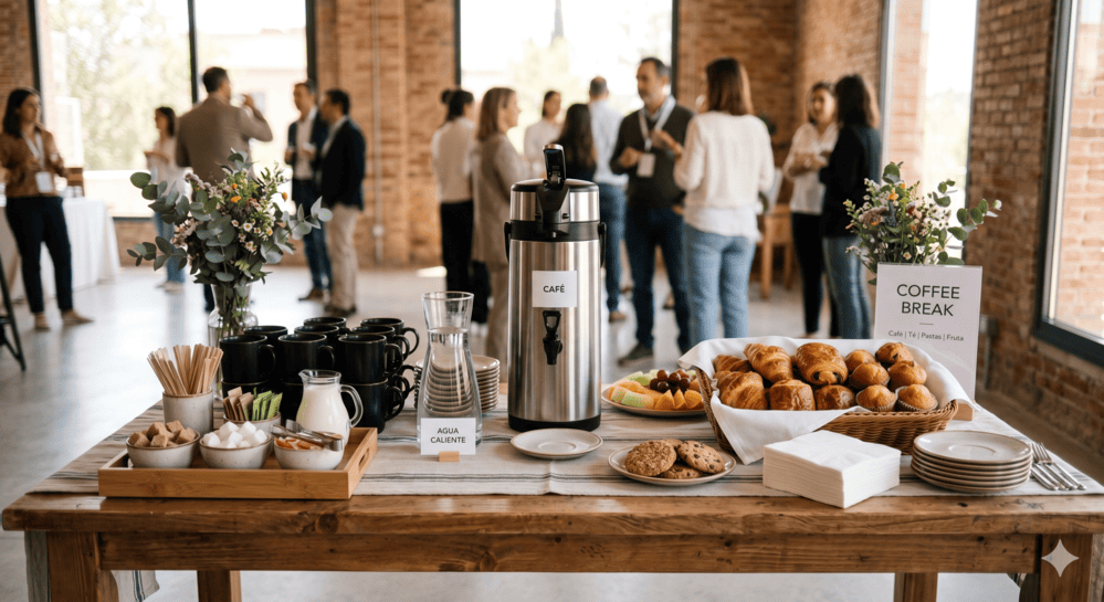 mesa de coffee break con bocadillos