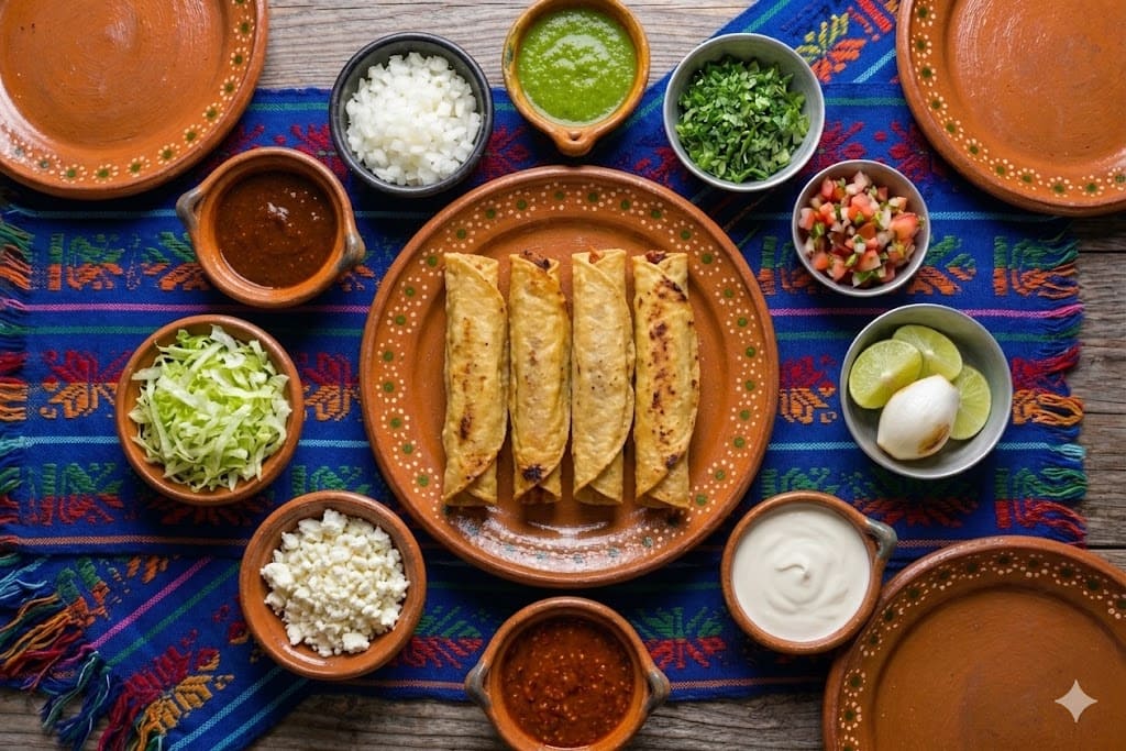 Flautas doradas comida mexicana con complementos alrededor en cazuelas de barro
