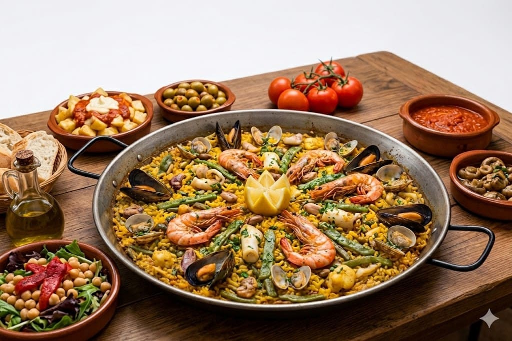 paella con mariscos sobre una mesa de madera