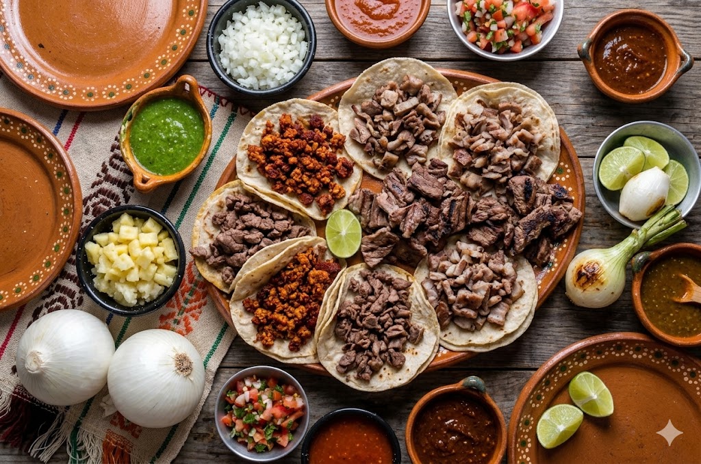 tacos de longaniza, bistec y suadero en un plato de barro con muchos complementos