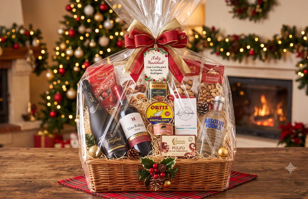 arcon navideño con licores y vinos y productos enlatados