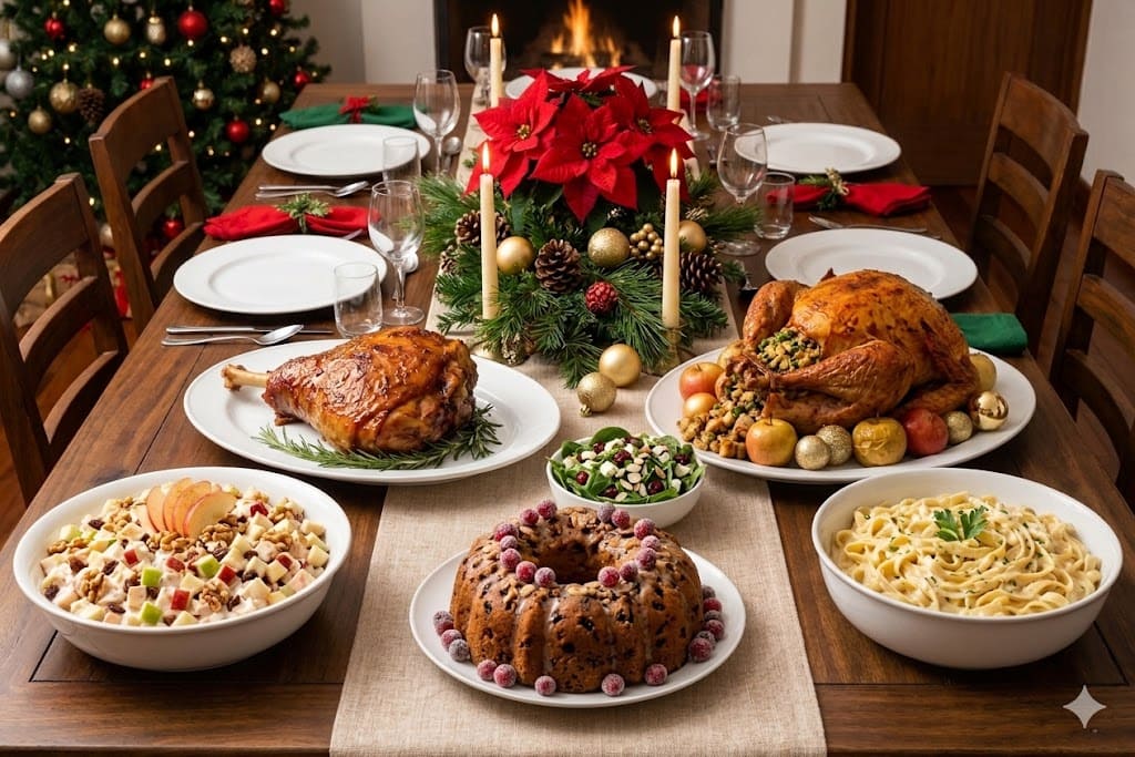 mesa montada para cena de navidad con pavo, pierna, fruit cake y más