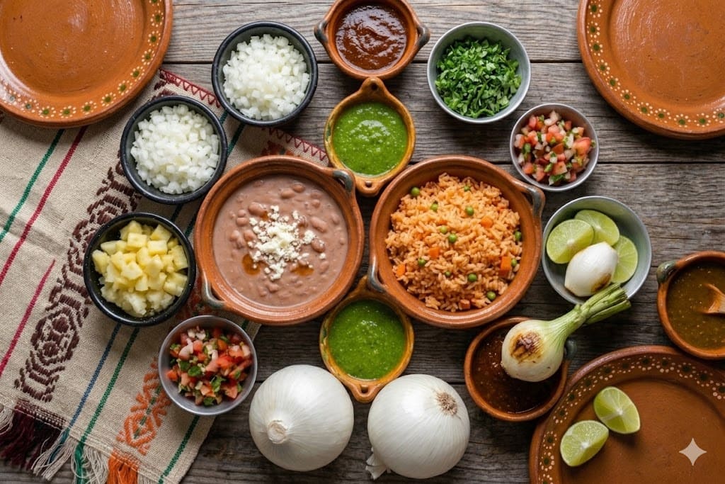 complementos para taquizas arroz, frijoles, cebolla, cilantro etc