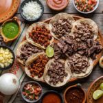Tacos estilo parrillada de suadero, longaniza y bistec con complementos alrededor