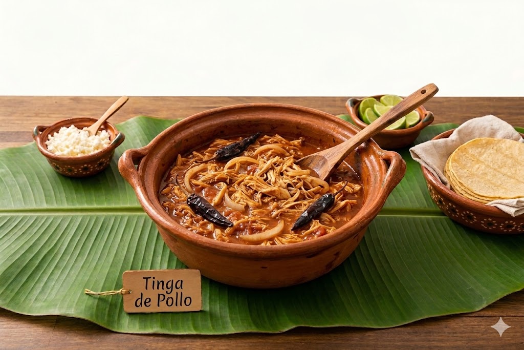 Guisado de tinga de pollo en una cazuela de barro
