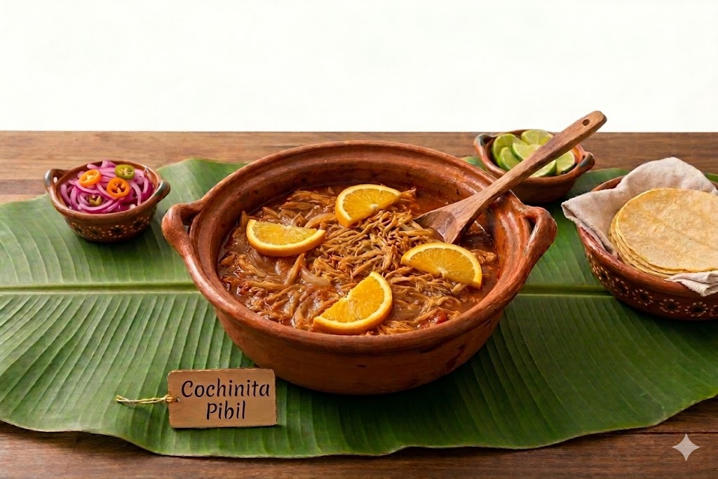 guisado de puerco cochinita pibil en una cacerola de barro