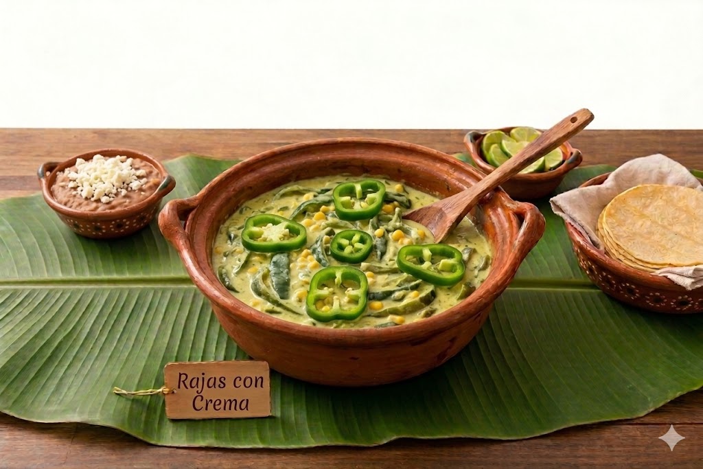 guisado de rajas con crema y granos de elote en cacerola de barro